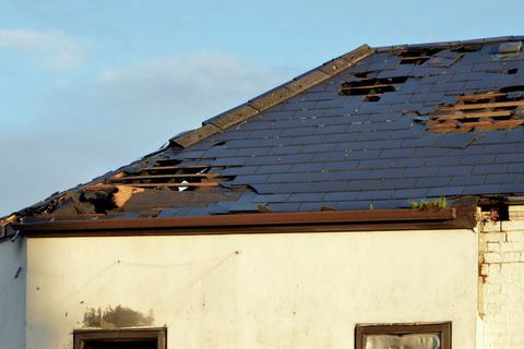 Fire-damaged commercial building exterior