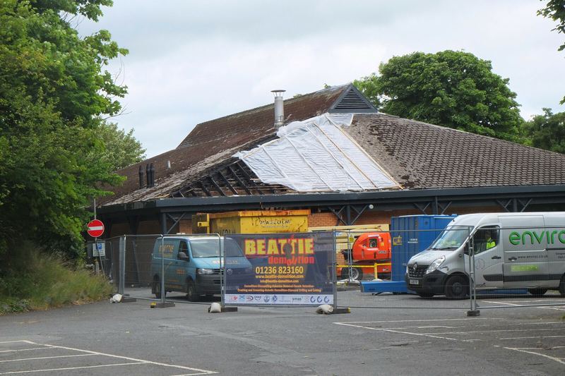 Public building with fire-damaged roof